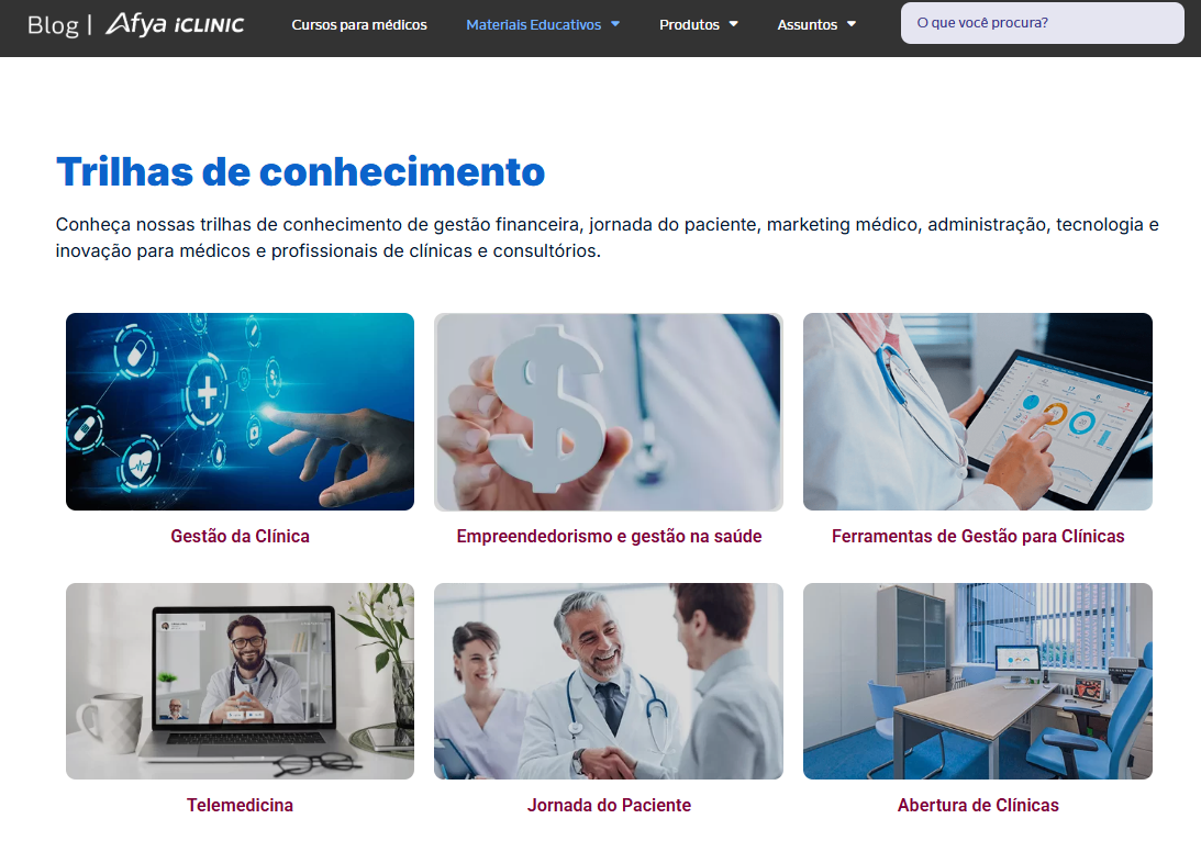 Blog do Afya iClinic com as trilhas de conhecimento