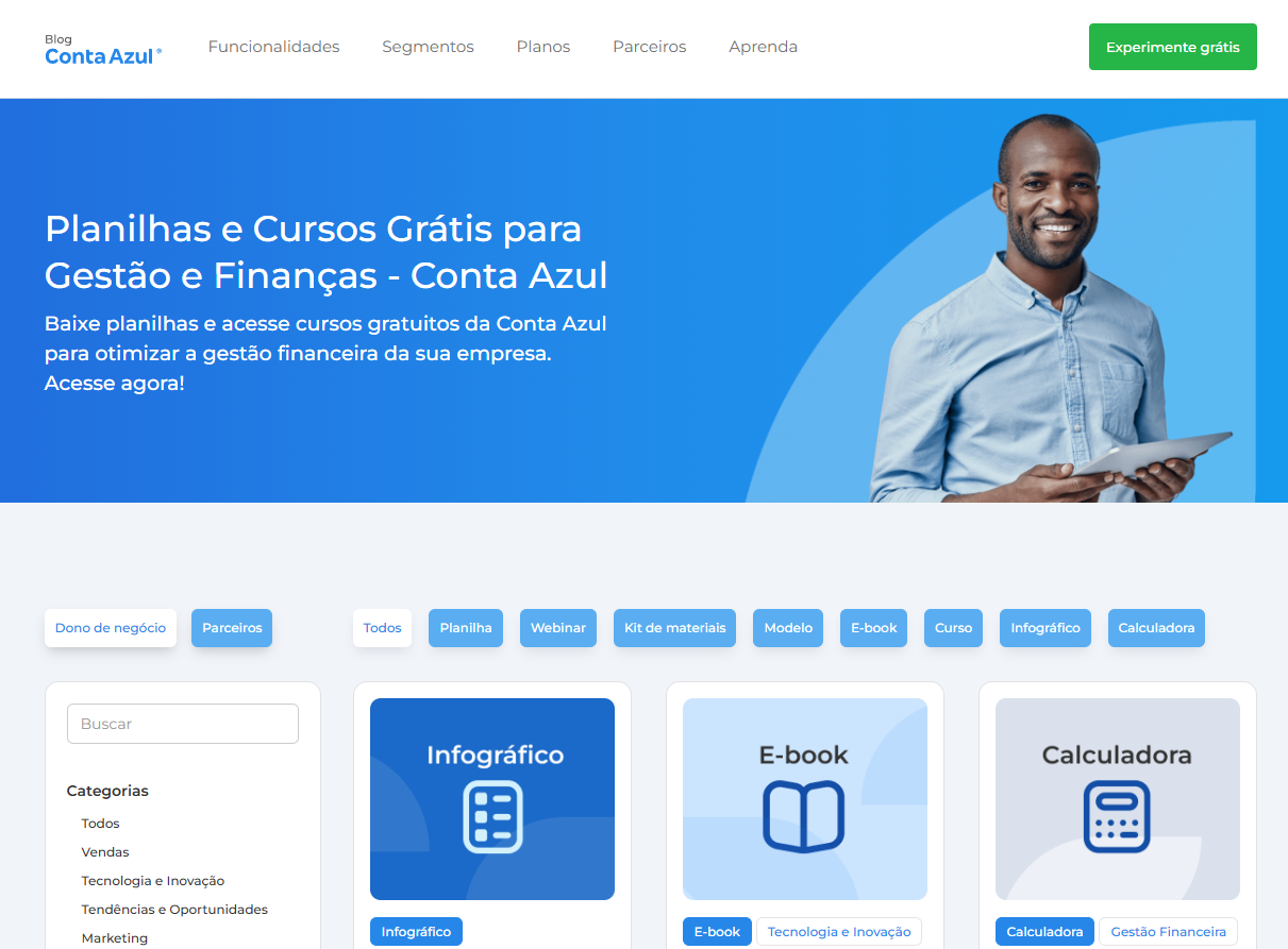 Página de materiais gratuitos do blog da Conta Azul