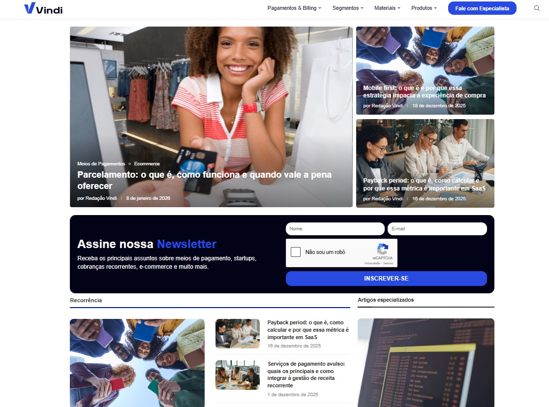 Hub de conteúdos da Vindi, com blog, newsletter e materiais