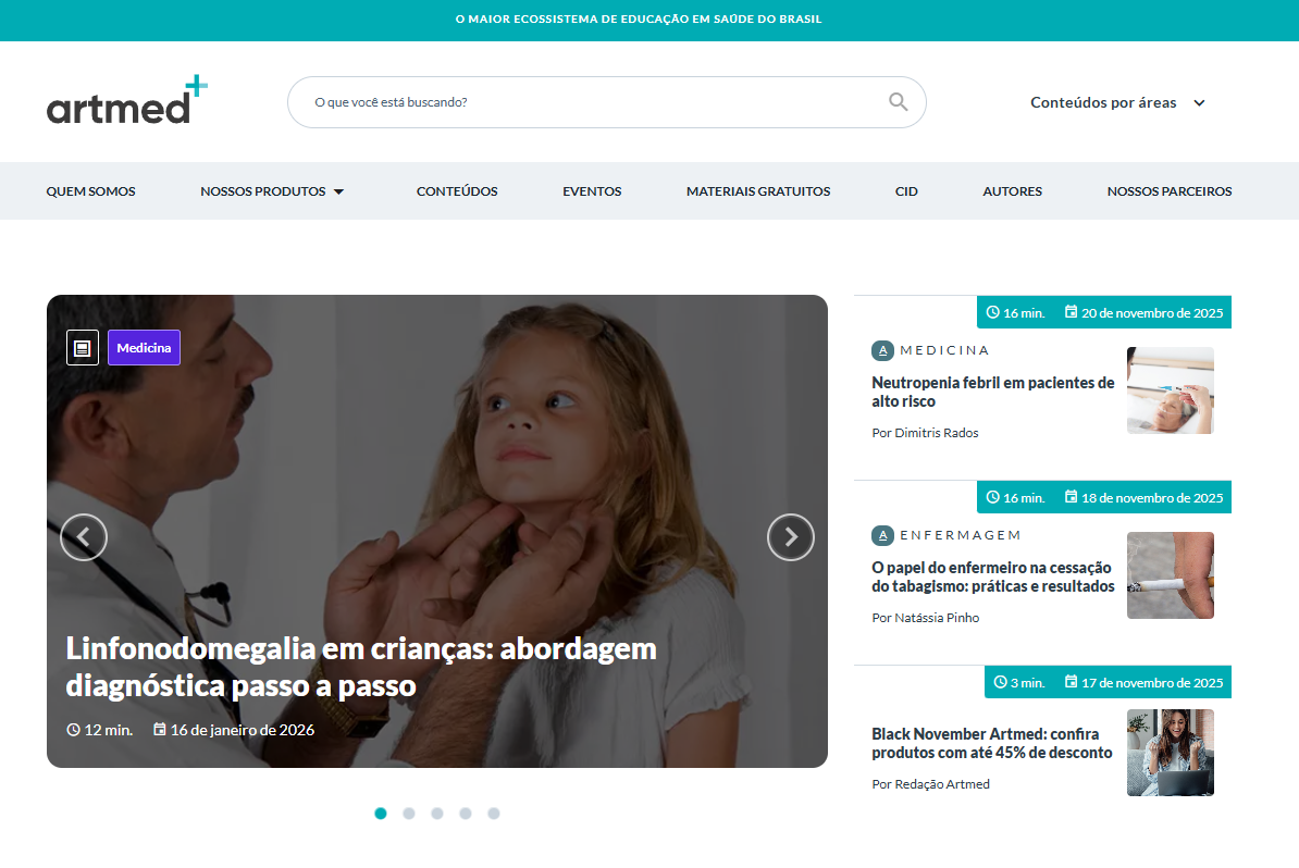 Página inicial do Portal Artmed, com destaques de conteúdo por área da saúde